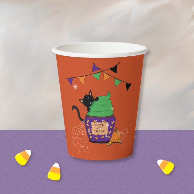 Gobelet en papier orange Halloween Chat noir migno (Fun orange Halloween paper cup with a black cat .)