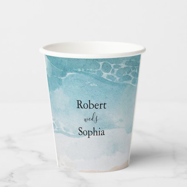 Gobelet en papier pour mariage sur la plage bleu d (Recto)