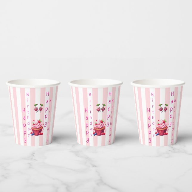 Gobelet en papier rayé rose et blanc Anniversaire (Multi)