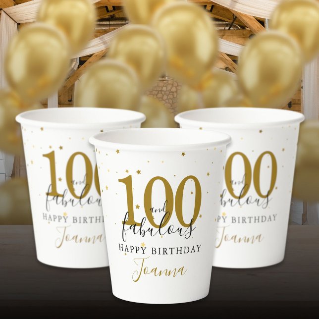 Gobelets En Papier 100 et Fabulous Gold Black fête d'anniversaire (100 and Fabulous Gold Black Birthday Party Paper Cups)