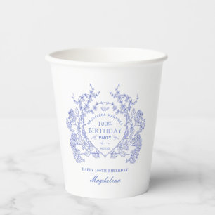 Gobelets En Papier 100e anniversaire Français Blue Floral Crest Perso