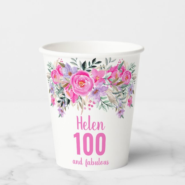 Gobelets En Papier 100e anniversaire tasses de papier rose fleuri (Recto)