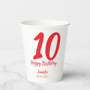 Gobelets En Papier 10e anniversaire ajouter nom date année rouge modè