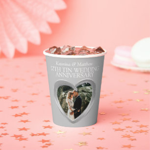 Gobelets En Papier 10e anniversaire de Tin Mariage coeur photo gris