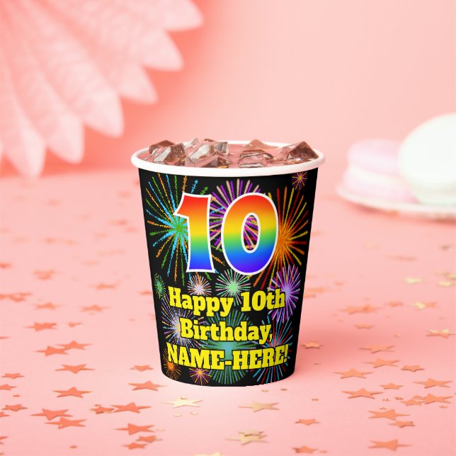 Gobelets En Papier 10e anniversaire : Fun Motif Fireworks + Rainbow 1 (Insitu)