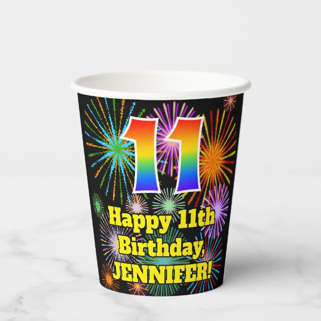 Gobelets En Papier 11e anniversaire : Fun Motif Fireworks + Rainbow 1 (Verso)