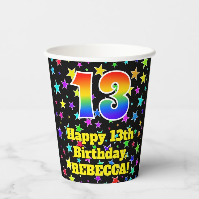 Gobelets En Papier 13e anniversaire : Fun Stars Motif et Rainbow 13 (Verso)