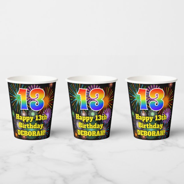 Gobelets En Papier 13ème anniversaire : Fun Fireworks Motif + Rainbow (Multi)