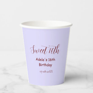 Gobelets En Papier 16e anniversaire doux nom pastel mauve rétro