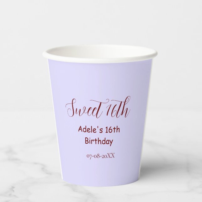Gobelets En Papier 16e anniversaire doux nom pastel mauve rétro (Recto)
