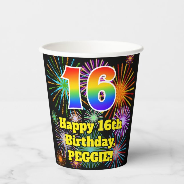 Gobelets En Papier 16e anniversaire : Fun Motif feux d'artifice + Arc (Recto)