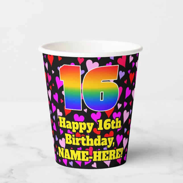 Gobelets En Papier 16th Birthday: Loving Hearts Pattern, Rainbow 16 (Recto)