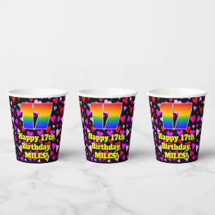 Gobelets En Papier 17e anniversaire : Amour Hearts Motif, Arc-en-ciel