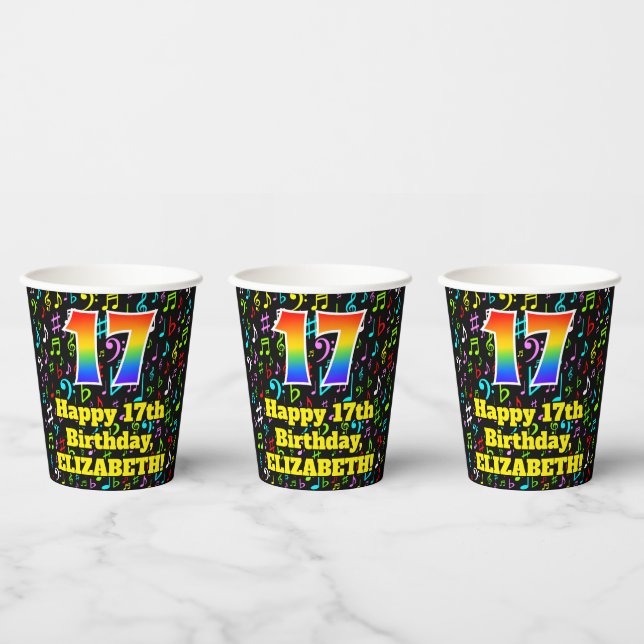Gobelets En Papier 17e anniversaire : Fun Music Notes Motif, Rainbow  (Multi)