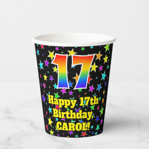 Gobelets En Papier 17e anniversaire : Fun Stars Motif et Rainbow 17