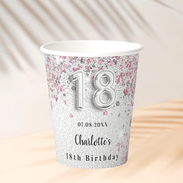 Gobelets En Papier 18e anniversaire argent rose nom de parties scinti (Créateur téléchargé)