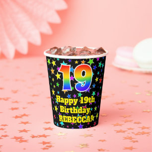 Gobelets En Papier 19e anniversaire : Fun Stars Motif et Rainbow 19
