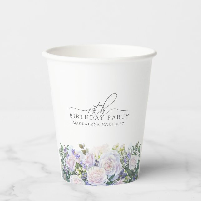 Gobelets En Papier 19e fête d'anniversaire Bleu Blanc Floral Personna (Recto)