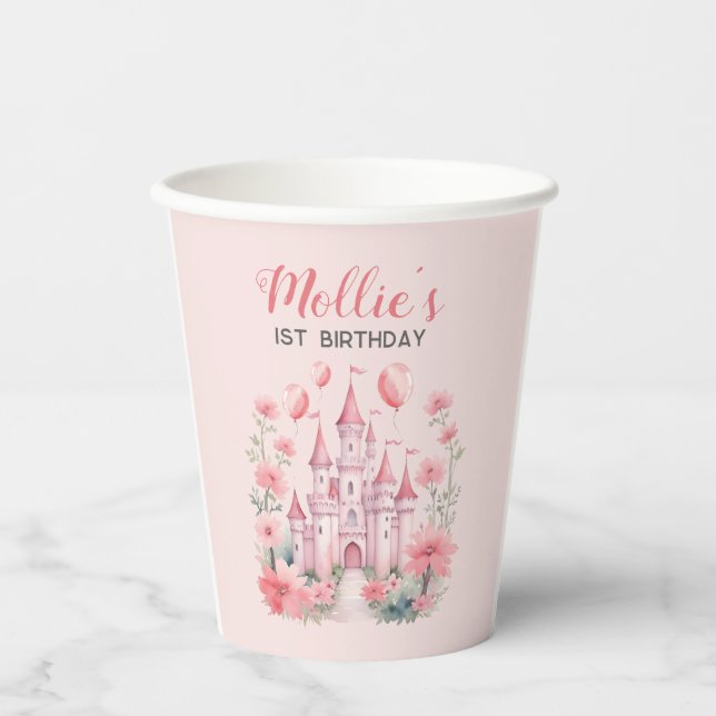 Gobelets En Papier 1er anniversaire de bébé Château Rose Princesse (Recto)