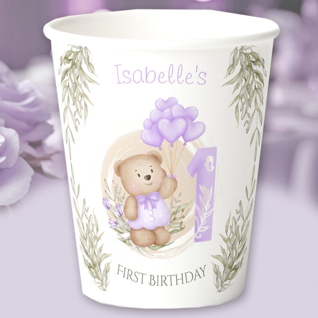 Gobelets En Papier 1er Anniversaire fille mignonne ours en peluche po (First Birthday Cute Teddy Bear Heart Balloons Paper Cups)