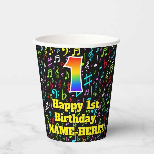 Gobelets En Papier 1er Anniversaire : Fun Music Notes Motif, Rainbow  (Recto)