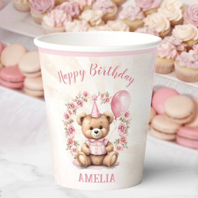 Gobelets En Papier 1er Anniversaire Ours Roses Roses Roses Rose Coupe (1st Birthday Bear Pink Roses Paper Cups)