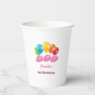 Gobelets En Papier 1er anniversaire personnalisé Soft Rose Girl's Nam