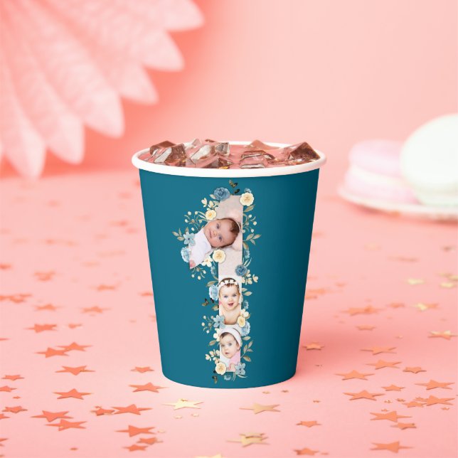 Gobelets En Papier 1er Anniversaire Photo Collage Fleur Jaune Bleu Tu (Insitu)