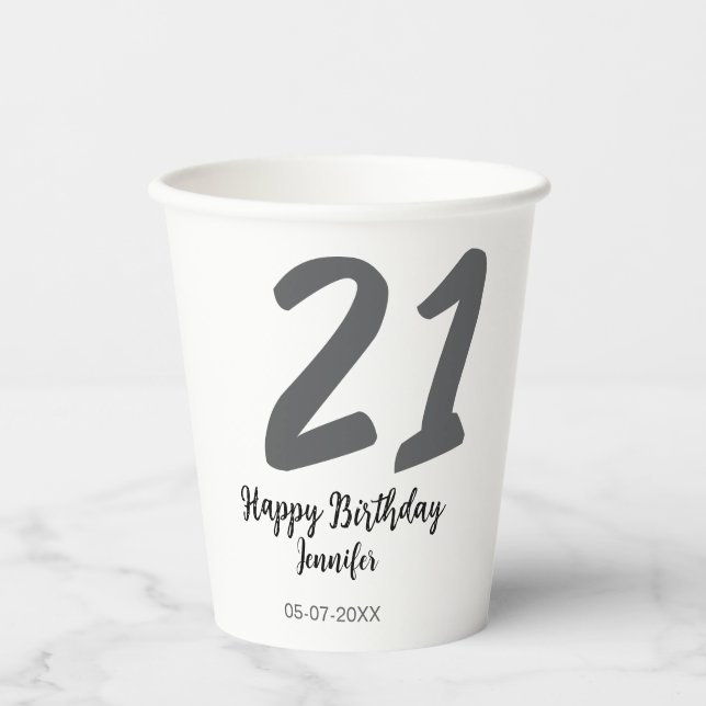 Gobelets En Papier 21e anniversaire ajouter nom date année noire modè (Recto)