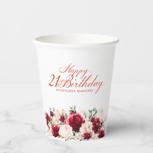 Gobelets En Papier 21e Anniversaire de fête Rouge Rose Peony Personna