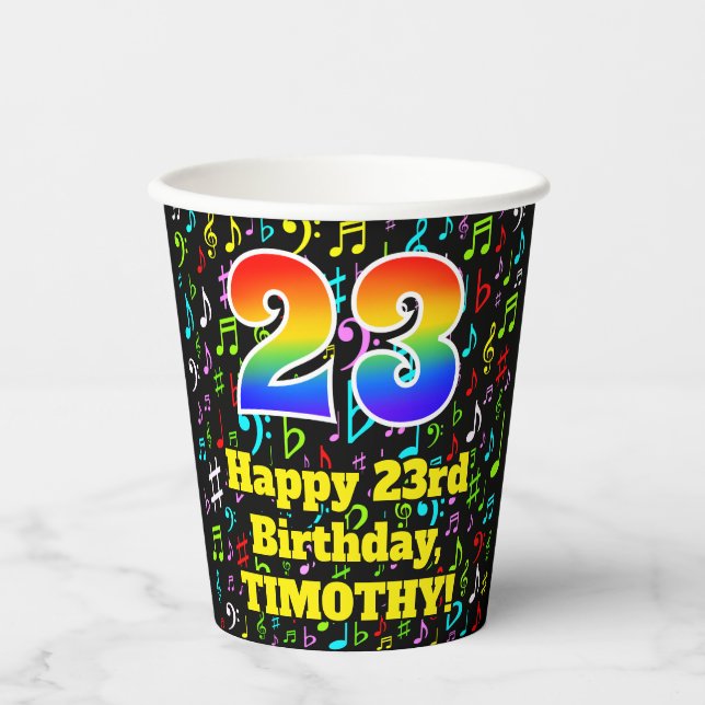Gobelets En Papier 23e anniversaire : Fun Music Notes Motif, Rainbow  (Recto)