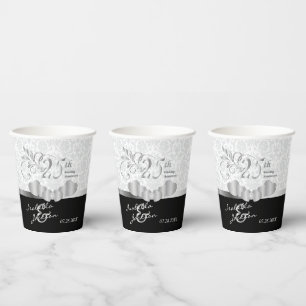 Gobelets En Papier 25e anniversaire de mariage d'argent et de blanc