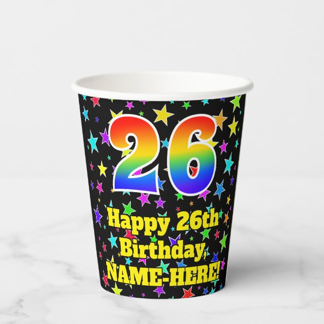 Gobelets En Papier 26e anniversaire : Fun Stars Motif et Rainbow 26 (Verso)