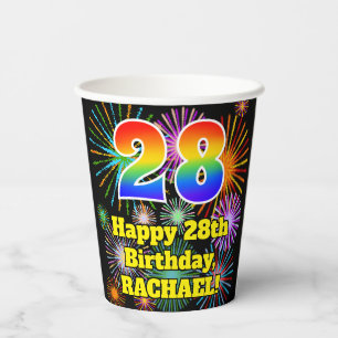 Gobelets En Papier 28e anniversaire : Fun Fireworks Motif + Rainbow 2