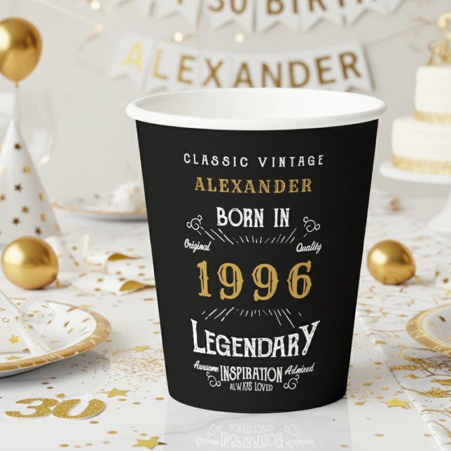 Gobelets En Papier 30e Anniversaire 1996 Legend Retro (1996 birthday black paper cup on a white and gold background)