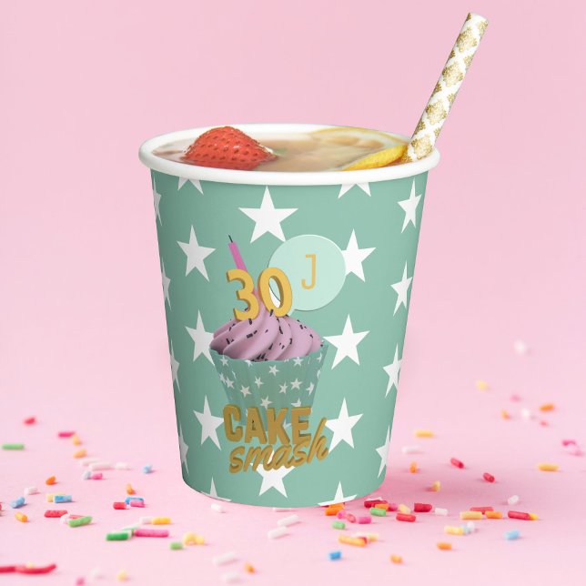 Gobelets En Papier 30e anniversaire Cake Smash Party Green 8oz (Add your initial to this cake smash party paper cup and smash a cake)