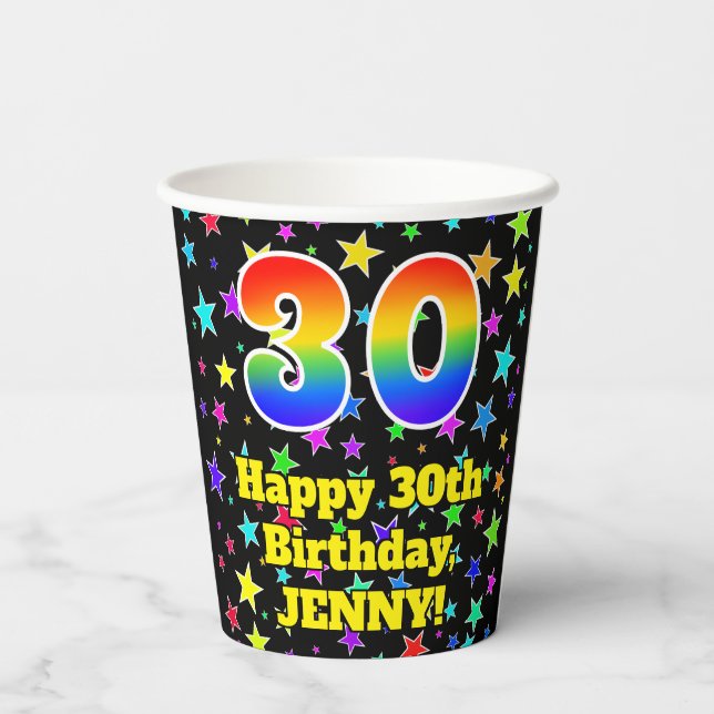 Gobelets En Papier 30e anniversaire : Fun Stars Motif et Rainbow 30 (Verso)