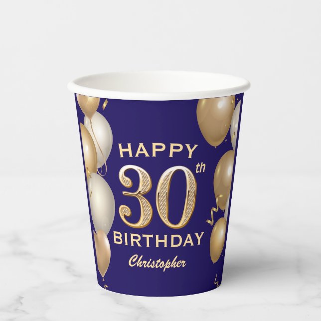 Gobelets En Papier 30e Anniversaire Marine Bleu et Ballons d'or (Recto)