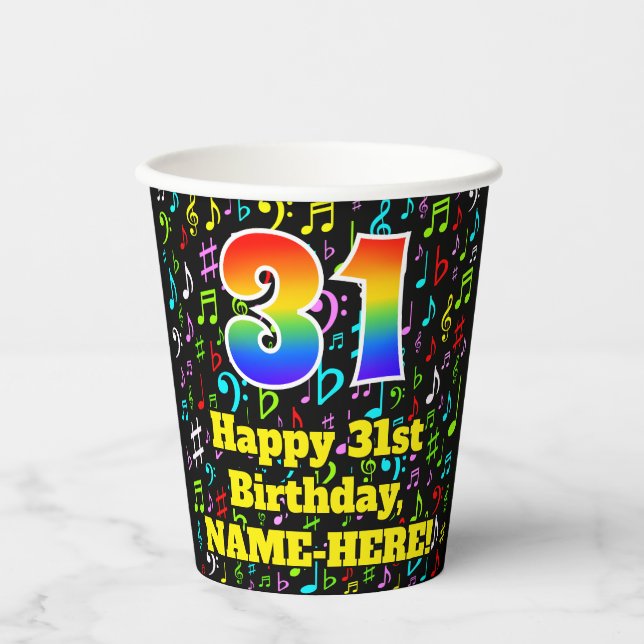 Gobelets En Papier 31e anniversaire : Fun Music Notes Motif, Rainbow  (Recto)