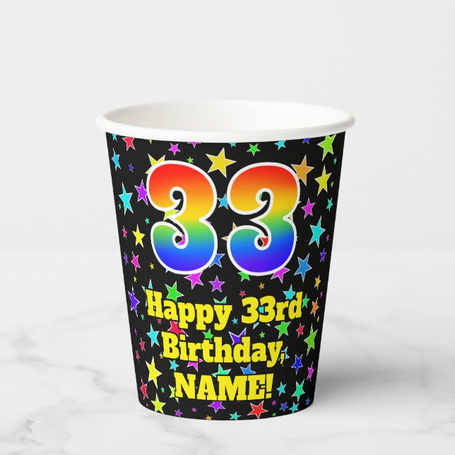 Gobelets En Papier 33e anniversaire : Fun Stars Motif et Rainbow 33 (Recto)