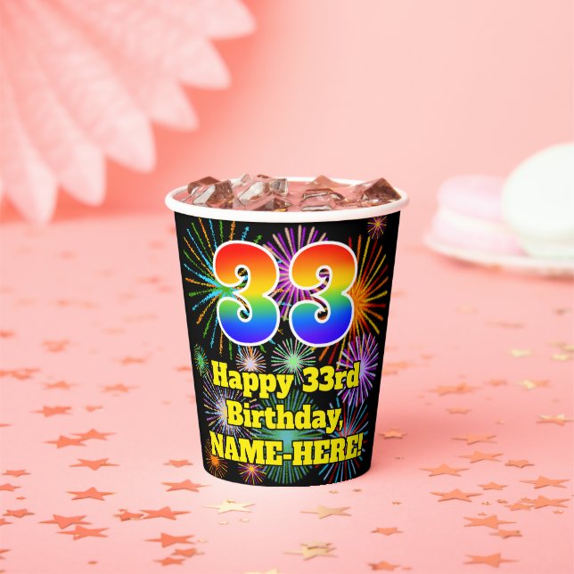 Gobelets En Papier 33ème anniversaire : Fun Fireworks Motif + Rainbow (Insitu)