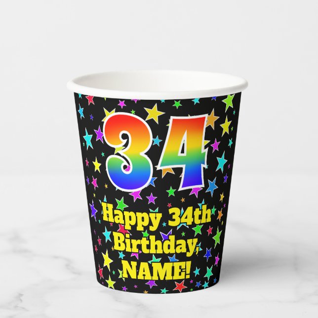 Gobelets En Papier 34e anniversaire : Fun Stars Motif et Rainbow 34 (Recto)