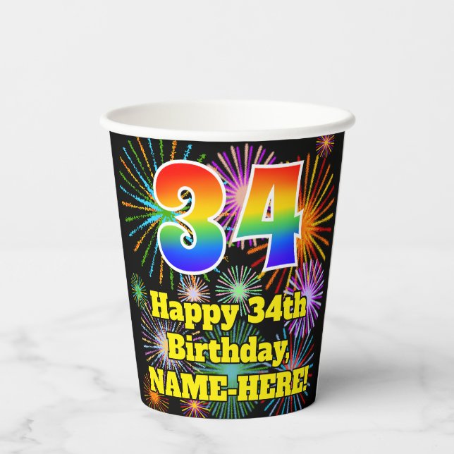 Gobelets En Papier 34ème anniversaire : Fun Fireworks Motif + Rainbow (Verso)