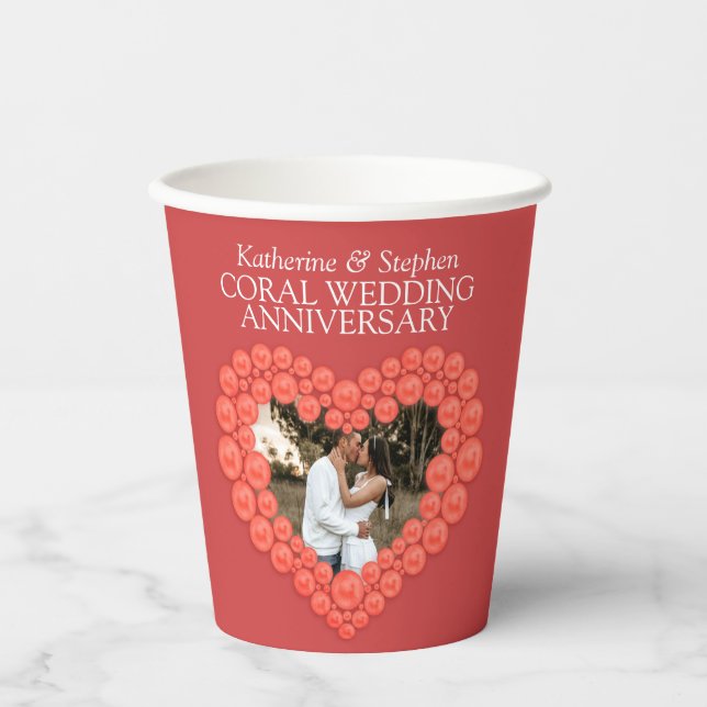Gobelets En Papier 35e anniversaire du Mariage corail photo du coeur (Recto)
