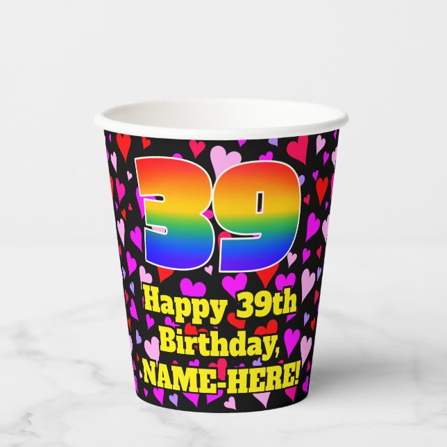 Gobelets En Papier 39e anniversaire : Amour Hearts Motif, Arc-en-ciel (Recto)