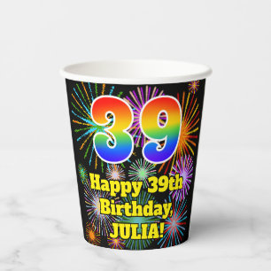 Gobelets En Papier 39e anniversaire : Fun Fireworks Motif + Rainbow 3