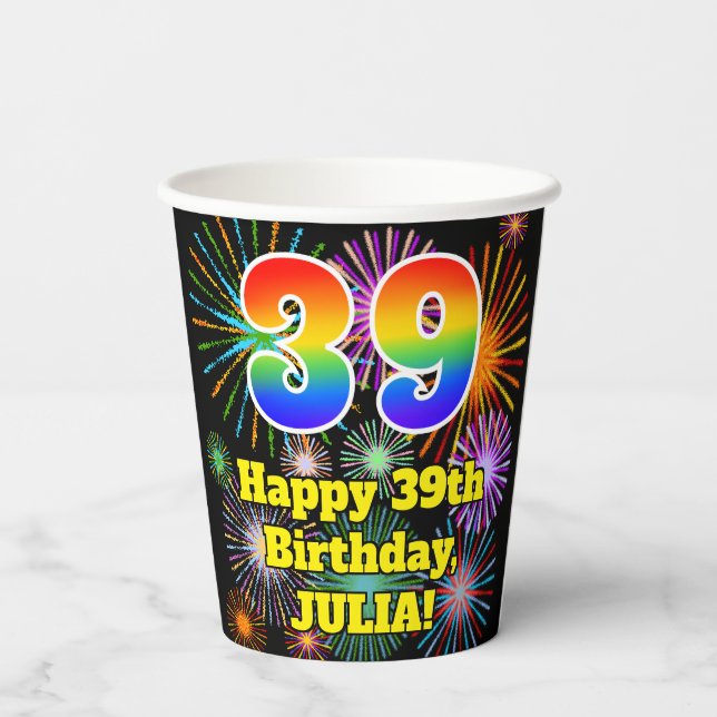 Gobelets En Papier 39e anniversaire : Fun Fireworks Motif + Rainbow 3 (Verso)