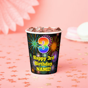 Gobelets En Papier 3ème anniversaire : Fun Motif Fireworks + Rainbow 