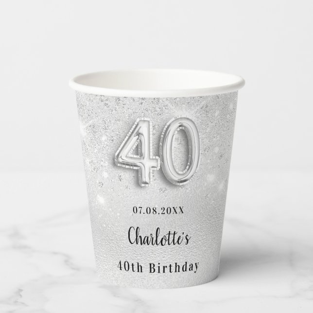 Gobelets En Papier 40e anniversaire argent nom de parties scintillant (Verso)