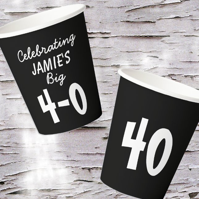 Gobelets En Papier 40e anniversaire Fête Ajouter un nom Noir Blanc (Depiction of Front and Back of Paper Cup)